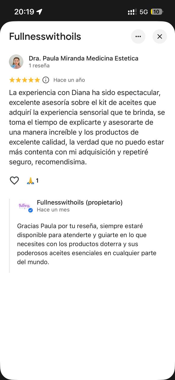 Reseña Google 5 estrellas – Dra. Paula Miranda sobre kit aceites doTERRA