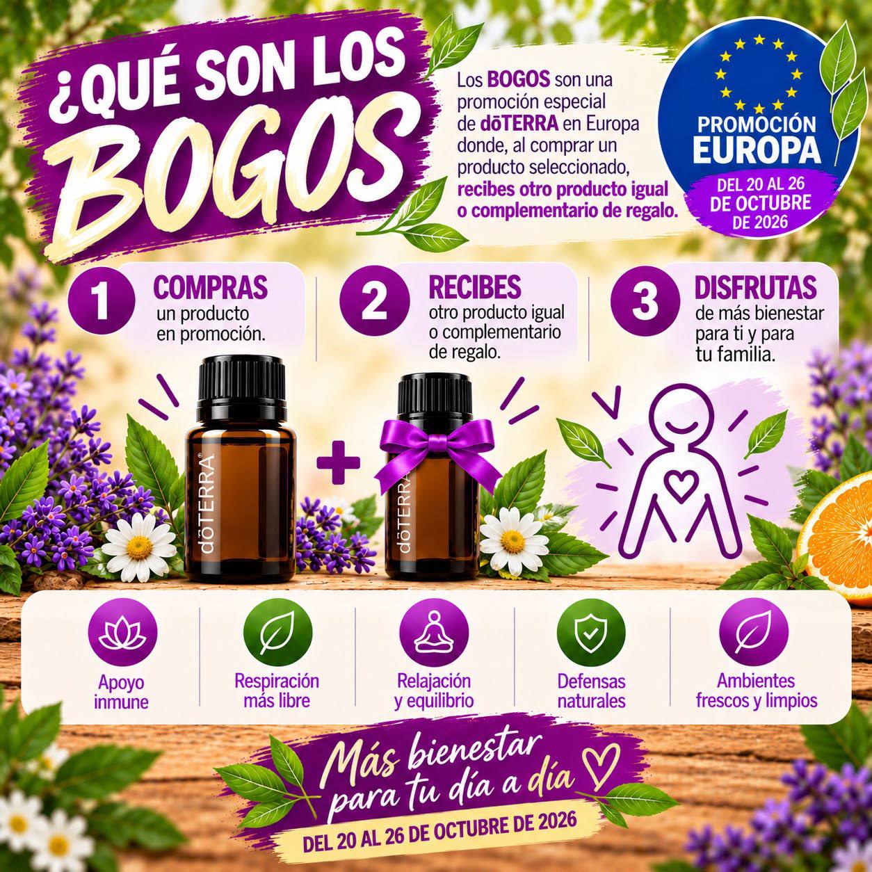 Infografía BOGO doTERRA: cómo funciona la promoción Buy One Get One en Europa - compra un aceite esencial y recibe otro producto de regalo
