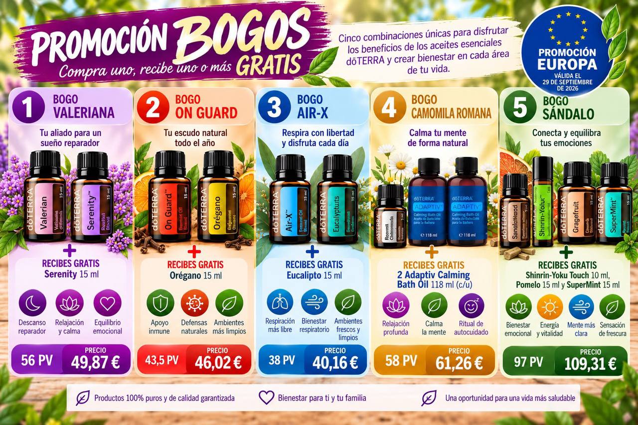 Los 5 BOGOs individuales doTERRA Europa octubre 2026: Valeriana 15ml, On Guard 15ml, Air-X 15ml, Camomila Romana y Sándalo 5ml