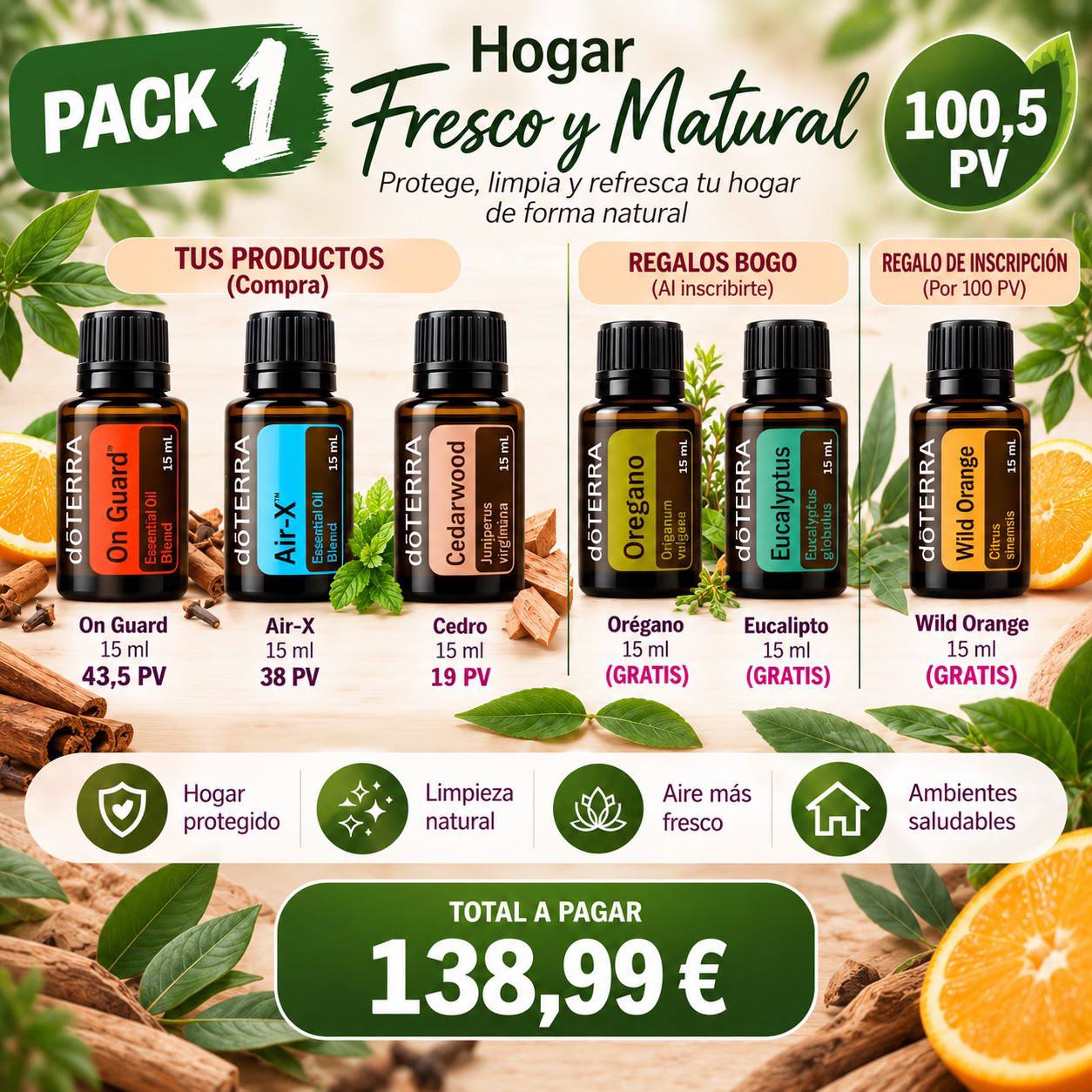 Pack 1 BOGO doTERRA Hogar Fresco y Natural - aceites esenciales para el hogar - 138,99€