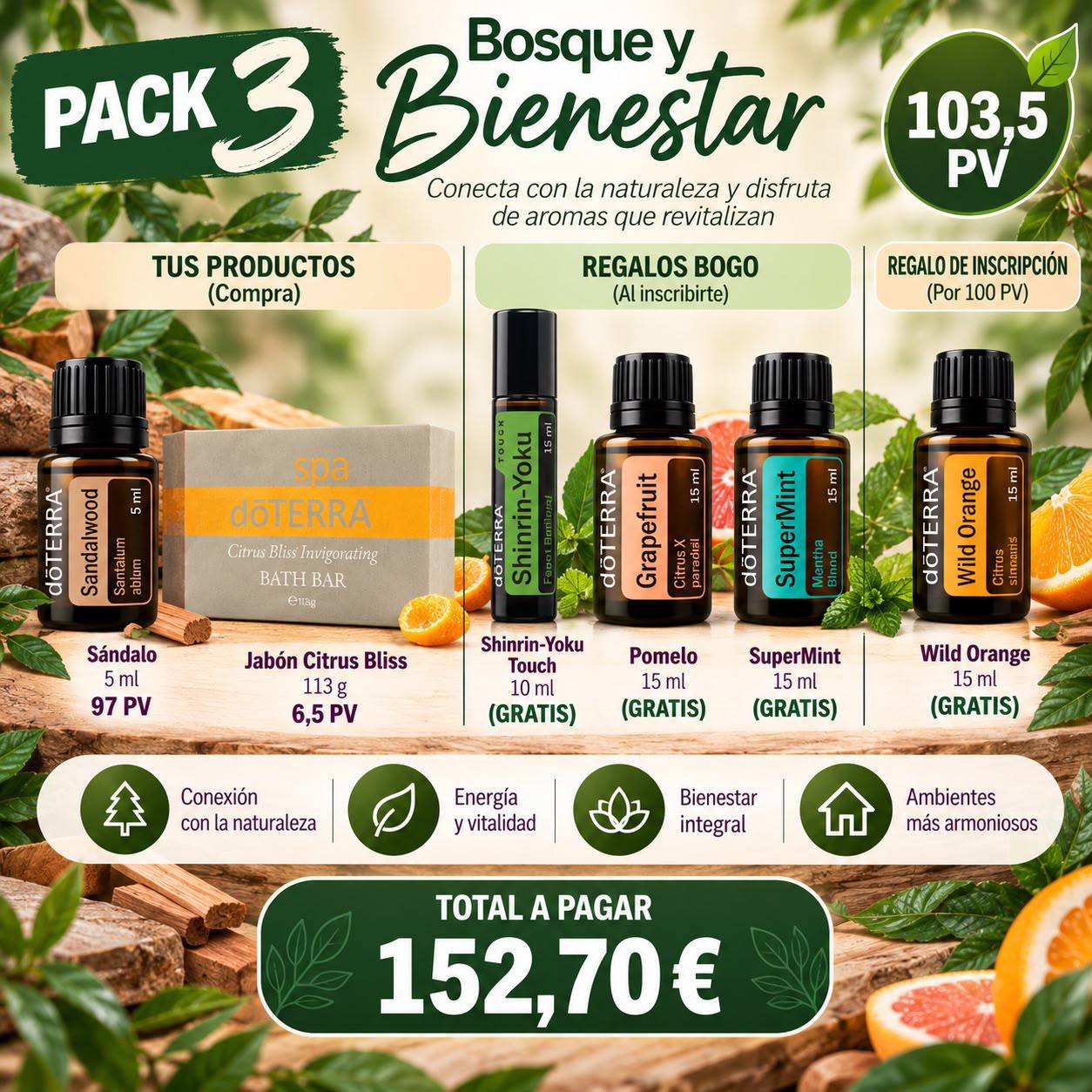 Pack 3 BOGO doTERRA Bosque y Bienestar - aceites esenciales para la respiración y la calma - 152,70€