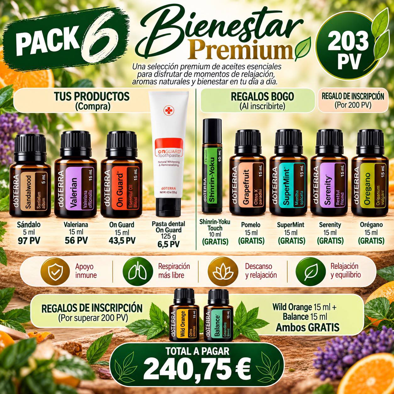 Pack 6 BOGO doTERRA Bienestar Premium - colección completa aceites esenciales doTERRA Europa - 240,75€